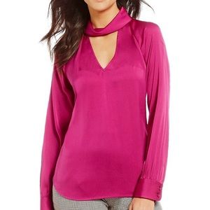 Trina Turk Abundant Mock Neck Blouse Top Raspberry